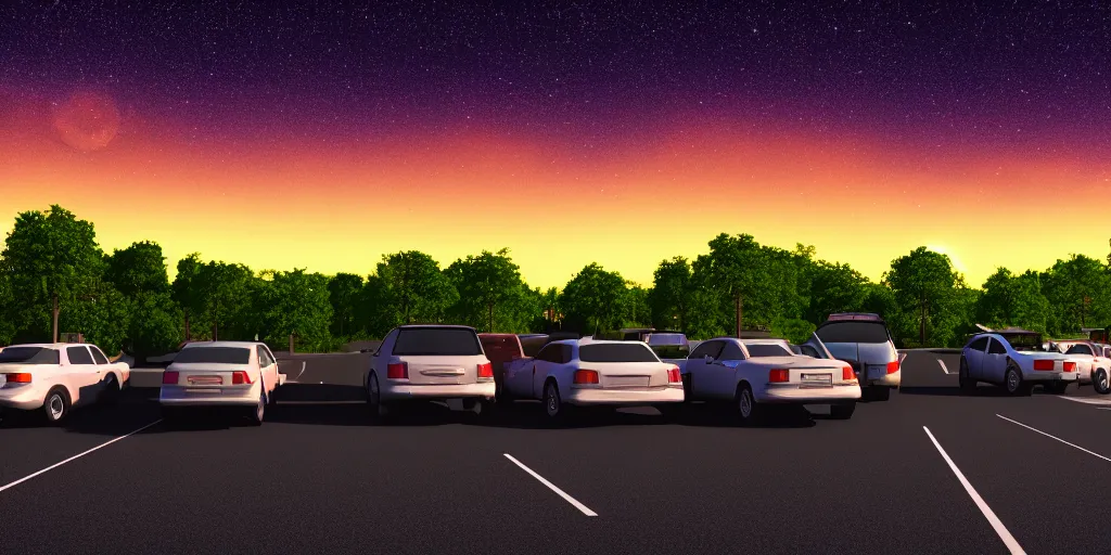 Prompt: a drive in movie theater with row of parked cars, detailed, volumetric lighting, starry night, dusk