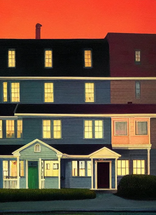 Image similar to small suburban houses in America at night by Edward Hopper, fantasy, moody lighting, dark mood, imagination, nighthawks, cinematic