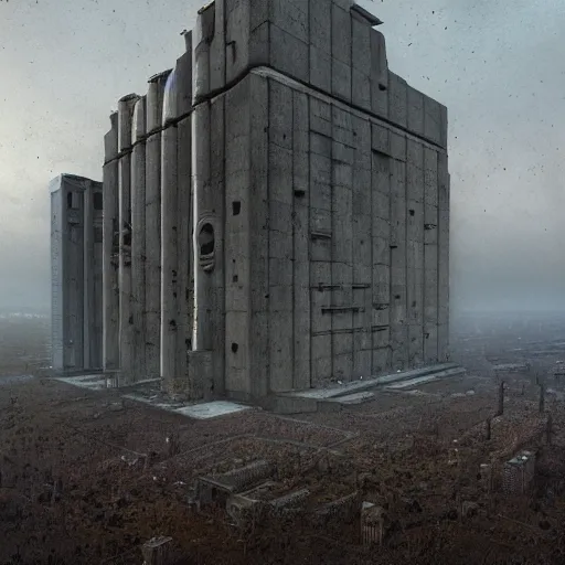 Image similar to sci - fi concrete brutalism symbolism building, beksinski, giger, simon stalenhag, photoreal, highly detailed, 8 k, hd, vray, artstation