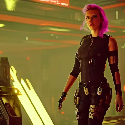 Image similar to scarlett johansson after a bad mission in Cyberpunk 2077. CP2077. 3840 x 2160