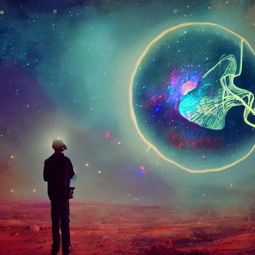 Image similar to over the shoulder photo of a man watching a magic glowing jellyfish in glowing cosmic stardust, colorful stars, galaxies, space, award winning photo, intricate, high detail, atmospheric, desolate, artstation