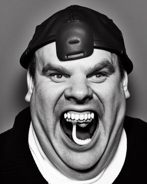 Image similar to headshot of a crazed smiling, mouth open, chris farley, he is wearing a leather bomber cap on his head, he is also wearing an a 2 flight jacket, a long white wool scarf is wrapped around his neck, he has a 5 o'clock shadow