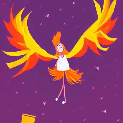 Prompt: a childrens book illustration about a faithful phoenix for a story that reads : the phoenix shops for new clothes in the mall, with all her friends. she tries on everything she sees, until she finds the perfect fit., ( 1 ), digital art