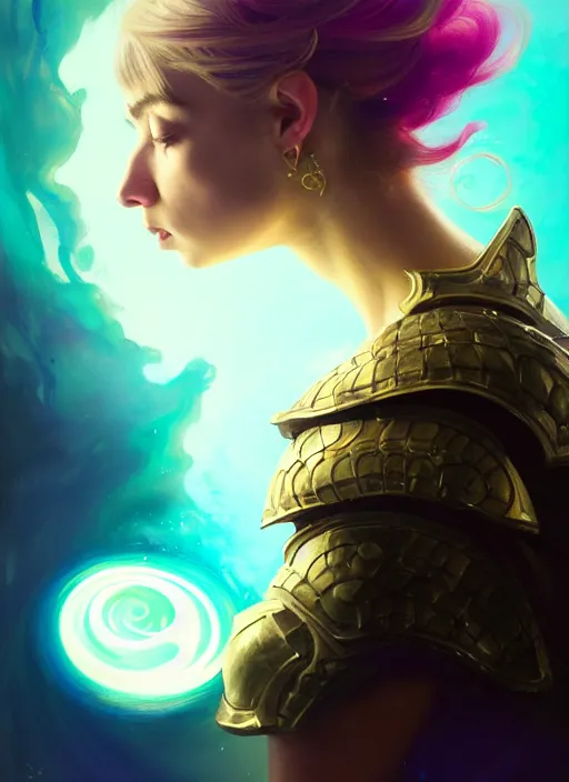 Image similar to side portrait, imogen poots, paladin, fantasy armor, gloomhaven, soft, smooth, luminescent, colorful swirly ripples, gaudy colors, by greg manchess, huang guangjian, gil elvgren, sachin teng, greg rutkowski, jesper ejsing, rhads, ilya kuvshinov, cushart krenz