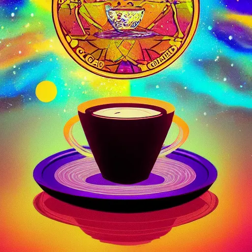 Prompt: dreaming the cosmic coffee, absolute colorful spiritual awakening through the drinking of golden rich subtle coffee, delicious illustration greg rutkowsky, trending on ArtStation high quality wallpaper,