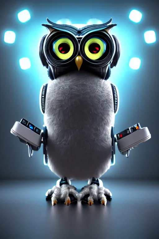 Image similar to high quality 3 d render very cute cyborg owl! with boombox!, cyberpunk highly detailed, unreal engine cinematic smooth, in the style of blade runner & detective pikachu, hannah yata charlie immer, moody light, low angle, uhd 8 k, sharp focus