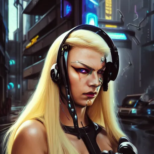 Prompt: Side view of a cyborg demon blond in cyberpunk headset and helmet on the street of a cyberpunk city, sci-fi, fantasy, intricate, very very beautiful, elegant, highly detailed, digital painting, artstation, concept art, smooth, sharp focus, illustration, art by artgerm and greg rutkowski and alphonse mucha