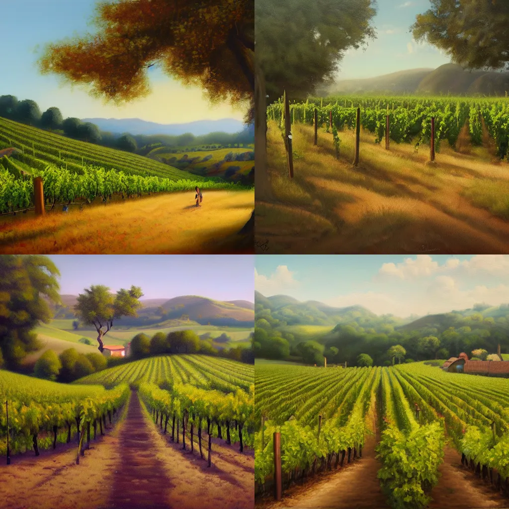 Image similar to trending on artstation, an idyllic vineyard, oil on canvas, matte painting