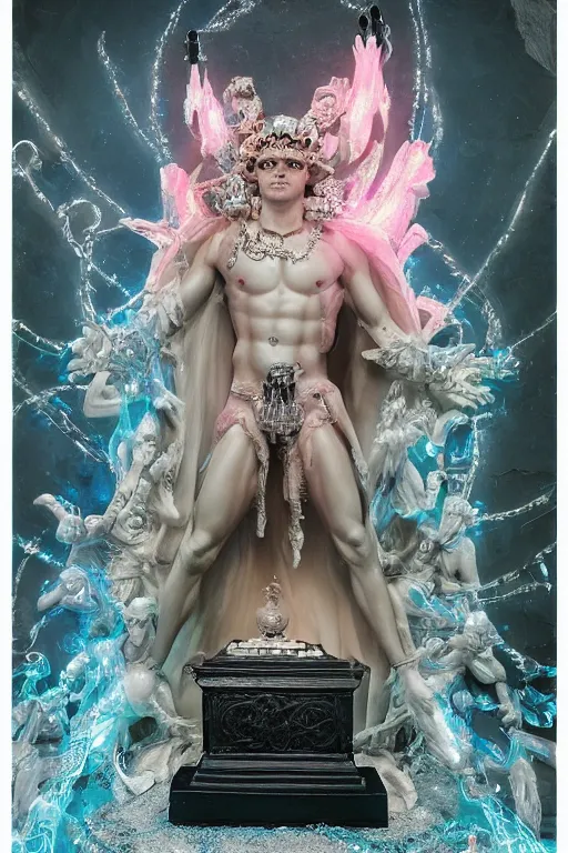 Prompt: photo of full-body rococo and cyberpunk delicate neon crystalline sculpture of ((handsome muscular albino prince Harry Styles)) as an onyx humanoid deity wearing ((peach plastic hooded cloak)) (holding an onyx skull) in a onyx aztec temple, reclining, glowing blue face, crown of (pink lasers), large blue diamonds, swirling black silk fabric. futuristic elements. oozing glowing liquid, full-length view. space robots. intricate artwork by caravaggio. Trending on artstation, octane render, cinematic lighting from the right, hyper realism, photorealistic, octane render, 8k, depth of field, 3D