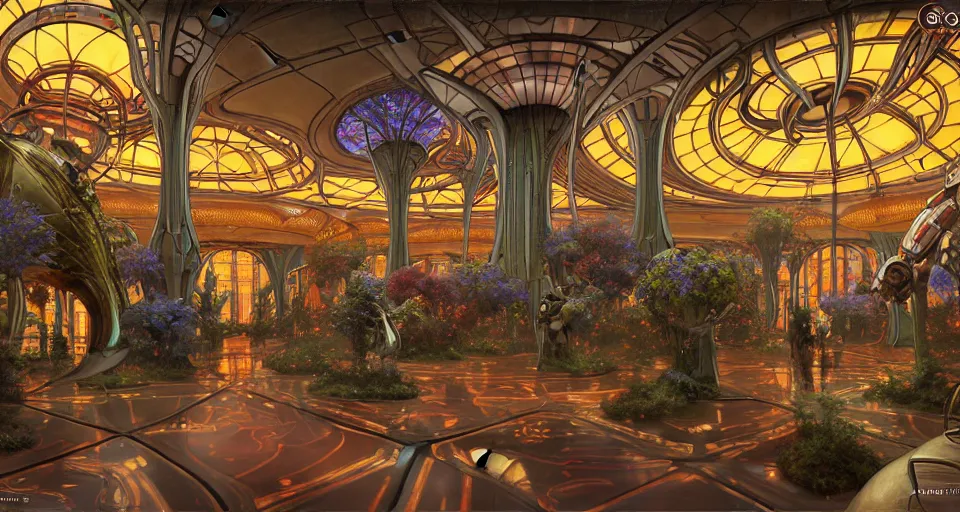 Prompt: 3 d render by donato giancola, warm coloured, scifi mass effect bioluminescent luxurious futuristic art nouveau art deco garden circular shopping mall interior with microscopy minimalist stained glass flowers growing out of pretty bulbous ceramic fountains, gigantic pillars and flowers, maschinen krieger, beeple, star trek, star wars, ilm, syd mead