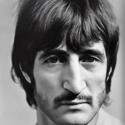 Image similar to a man who is a genetic combination of john lennon and paul mccartney and george harrison and ringo starr, face and upper - body focus, detailed eyes, photograph taken in 1 9 6 9, award winning photograph