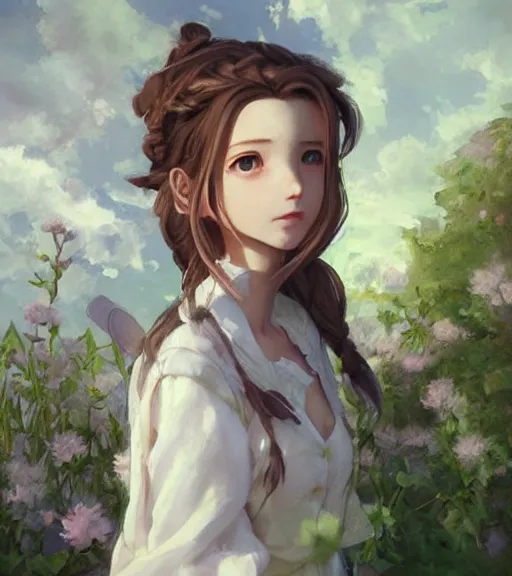 Image similar to aerith gainsborough in a cottagecore dress, portrait, illustration, rim light, top light, perfectly shaded, spring time, slight overcast lighting, soft painting, art by krenz cushart and wenjun lin