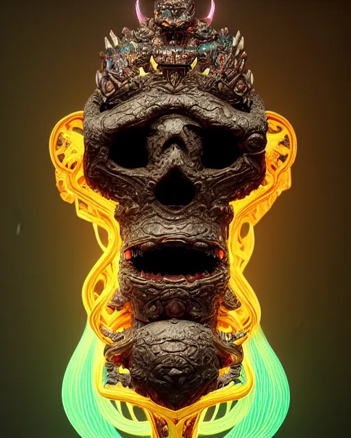 Image similar to 3 d ornate carved dark cosmic king with profile portrait, sigma 5 0 0 mm f / 5. beautiful intricate highly detailed quetzalcoatl skull. bioluminescent, plasma, lava, ice, water, wind, creature, thunderstorm! artwork by tooth wu and wlop and beeple and greg rutkowski, 8 k trending on artstation