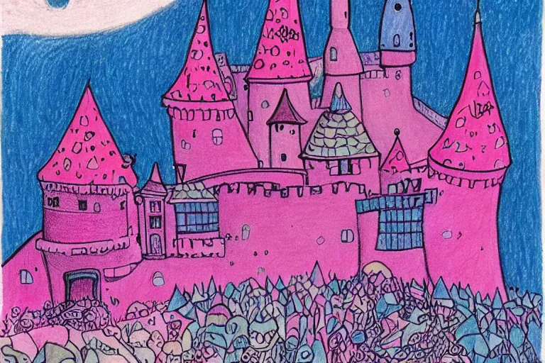 Image similar to a drawing of a pink and blue castle, a storybook illustration by tove jansson, tumblr, psychedelic art, concept art, storybook illustration, whimsical