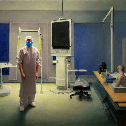 Prompt: A mixed media painting of a surgeon standing in an operating room, surrounded by new technology, infused with lightning, very aesthetic, dramatic, surgical mask on, surgical gown and scrubs on, by Edward Hopper, Matisse, Picasso, CGsociety, full length, exquisite detail, post-processing, masterpiece, cinematic