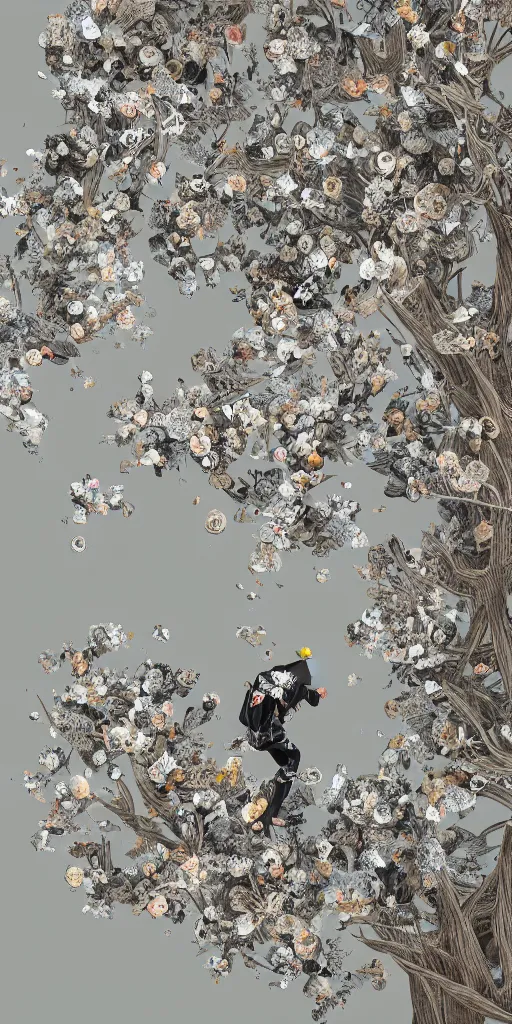 Prompt: photography of a dissolving landscape, ninja + bookshelf + pencils sculpture with intricated flowers, trees, exploding and dispersing all around to create a painting. intricated, james jean, arnold render, exquisite details, 8 k, photorealistic