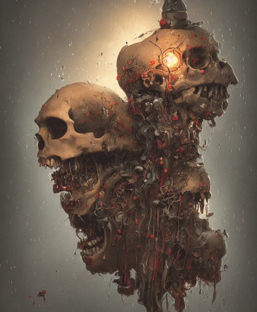 Prompt: portrait skull clown, raining, illustrated by Simon Stålenhag and Gaston Bussiere, beautiful volumetric lighting style atmosphere, intricate, ultra detailed, photorealistic, trending on artstation