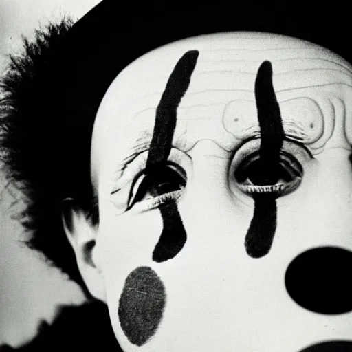 Image similar to portrait of a clown by Diane Arbus, 50mm, black and white