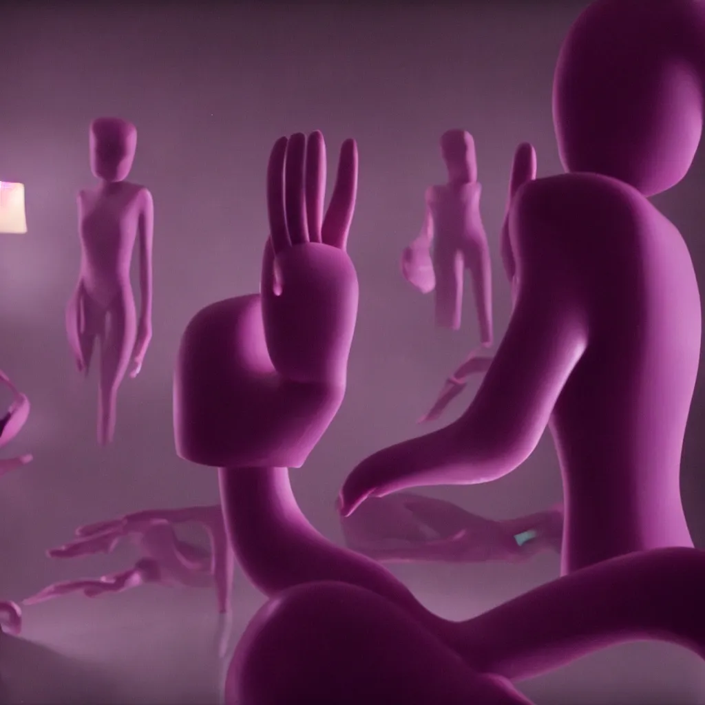 Image similar to cinestill of a giant hand made of purple wax float through the living room film still from the movie directed by denis villeneuve with art direction, pouring rain menacing lights shadows, 8 k, hd, high resolution, 3 5 mm, f / 3 2, ultra realistic faces, ex machina