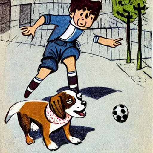 Image similar to book illustration of a french boy on the streets of paris playing football against a corgi, the dog is wearing a polka dot scarf, 1 9 6 6