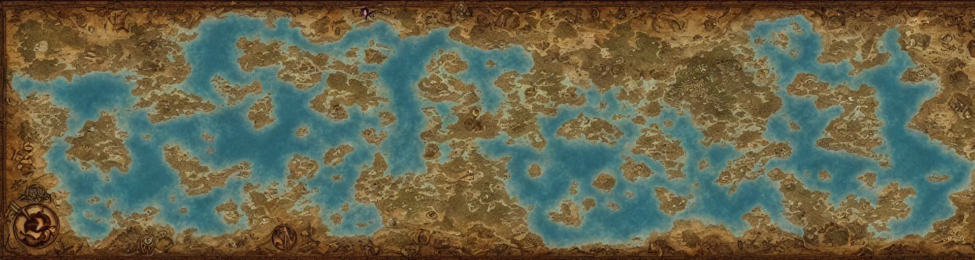 Prompt: fantasy world atlas in the style of an mmorpg world map, 7 0 % ocean, extremely detailed, fantasy, no text, 4 k