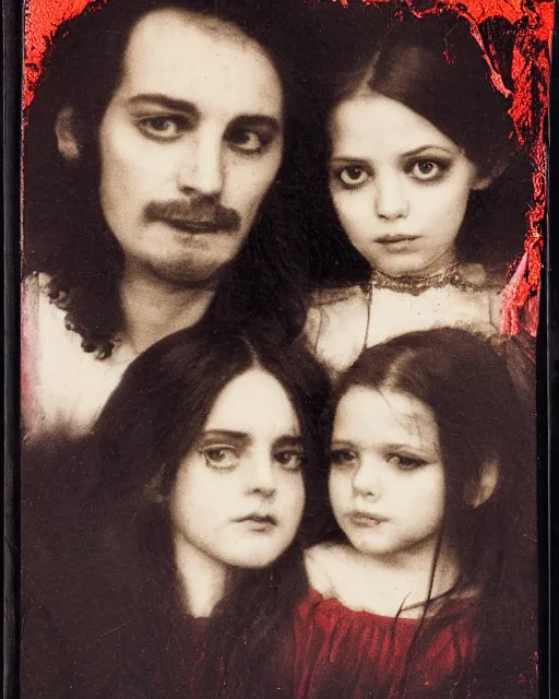 Prompt: an instant photo of a beautiful but sinister family in layers of fear, with haunted eyes and tangled dark hair, 1 9 7 0 s, seventies, delicate embellishments, a little blood, crimson, painterly, offset printing technique, mary jane ansell