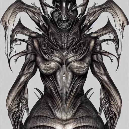 Image similar to Giger portrait of queen dragon, Dragon in dragon lair, HD, full body dragon concept, soft shading, hyperdetailed, wide angle lens, fantasy, futuristic horror, style of giger