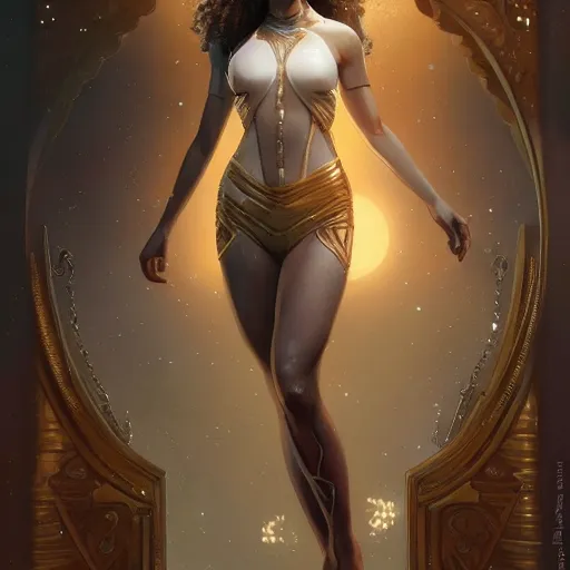 Image similar to full figure ultra realistic illustration, madeleine mantock as marvel enchantress, intricate, elegant, highly detailed, digital painting, artstation, concept art, smooth, sharp focus, illustration, art by artgerm and greg rutkowski and alphonse mucha