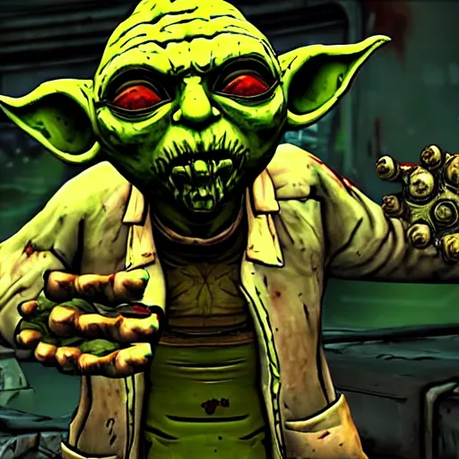 Prompt: zombie yoda, yoda as a zombie, in borderlands 2, zombified, scary