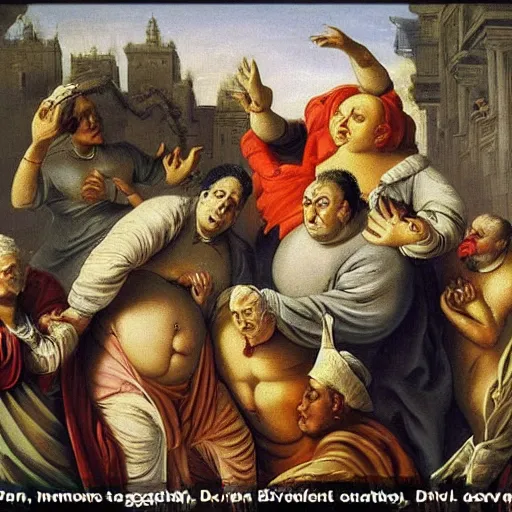 Image similar to fat politicians with big bellies are draining souls of innocent peoples in baroque style , politicians as devil