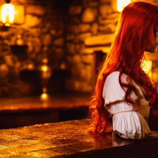 Image similar to beautiful bar maid with auburn hair, in a medieval tavern at night, dramatic, cinematic, filmic, 7 5 mm, f / 1. 8