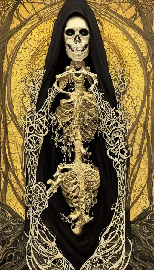 Image similar to a skeleton in a black cloak, highly detailed, very intricate, art nouveau, gold filigree, left right symmetry, tarot concept art watercolor illustration by mandy jurgens and alphonse mucha and alena aenami, featured on artstation