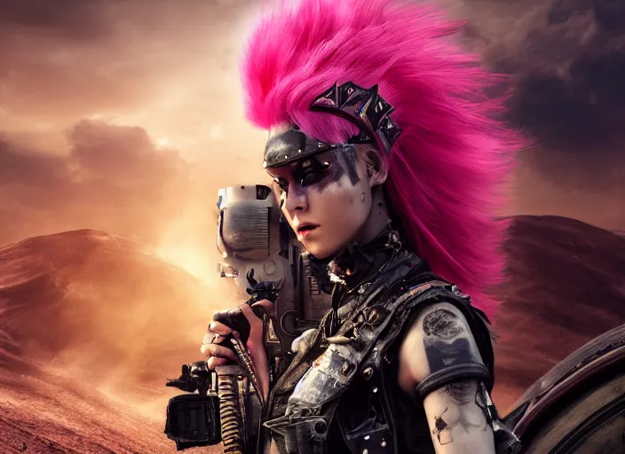 Image similar to beautiful apocalyptic woman with pink Mohawk, posing on mad max panzer tank, 4k ultra hd, fantasy dark art, artstation, octane render