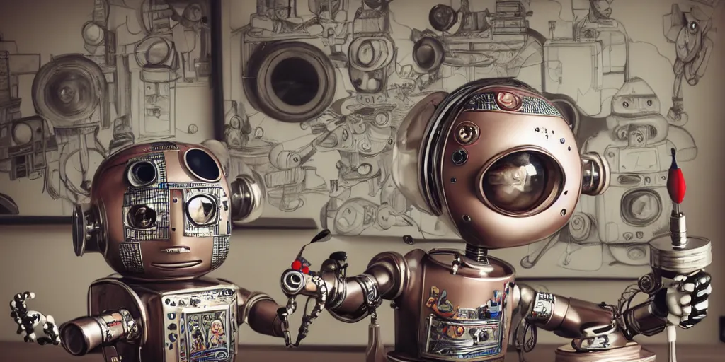Prompt: closeup portrait of tin toy retro robot artist drawing sketches in a workshop, depth of field, zeiss lens, detailed, centered, fashion photoshoot, by nicoletta ceccoli, mark ryden, lostfish, breathtaking, 8 k resolution, extremely detailed, beautiful, establishing shot, artistic, hyperrealistic, octane render