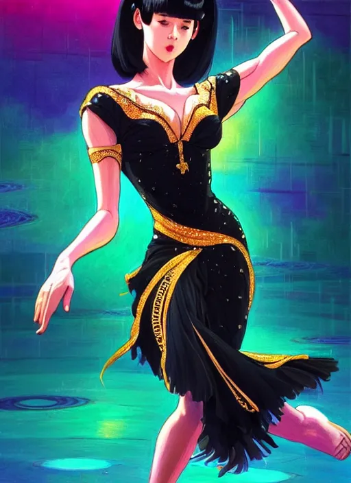 Image similar to a beautiful dancer with black hair in 1970's fashion, ballroom background, intricate, highly detailed, digital painting, artstation, official media, anime key visual, concept art, rich vivid colors, ambient lighting, sharp focus, illustration, art by Artgerm, Makoto Shinkai, Ilya Kuvshinov, Lois Van Baarle, and Rossdraws