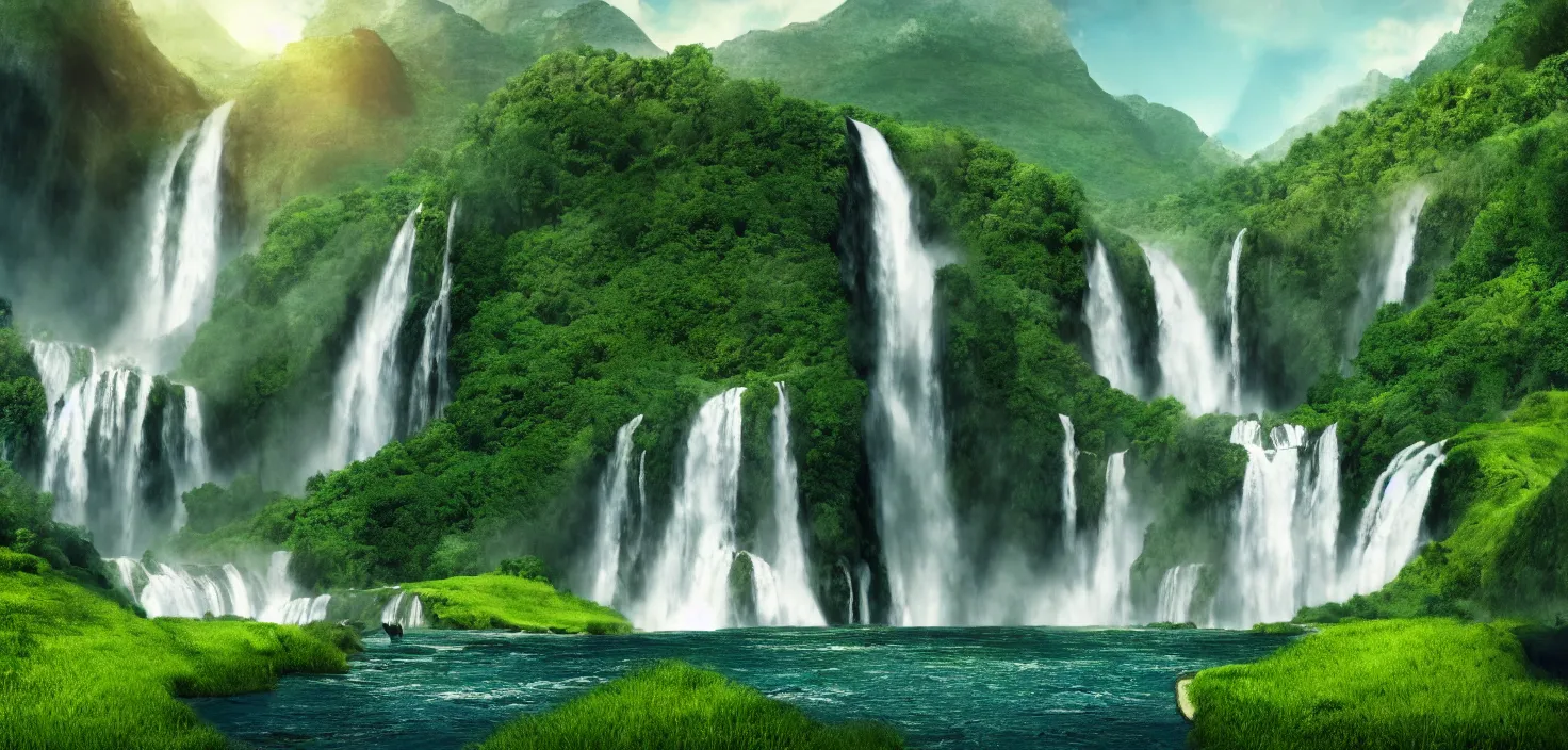 Image similar to a large waterfall in the middle of a green valley, a detailed matte painting by jacob willemszoon de wet, shutterstock contest winner, naturalism, sense of awe, national geographic photo, unreal engine