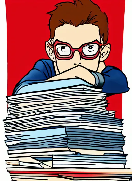Prompt: a young man with red hair and glasses sits on top of a tall pile of books. he is reading. clean pretty cartoon painting, cel shaded, beautiful detailed face.