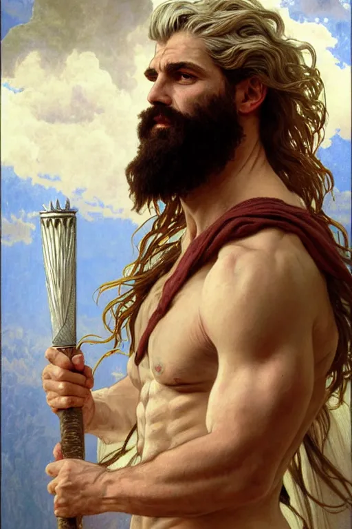 Image similar to painted portrait of rugged zeus, god of thunder, greek god, white hair, masculine, mature, handsome, upper body, flowy robe, muscular, hairy torso, fantasy, intricate, elegant, highly detailed, digital painting, artstation, concept art, smooth, sharp focus, illustration, art by gaston bussiere and alphonse mucha