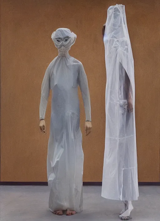 Image similar to woman in a translucent clothing made from plastic bag with paper bags for clothes standing inside paper bags with paper bag over the head at store display Edward Hopper and James Gilleard, Zdzislaw Beksinski, highly detailed