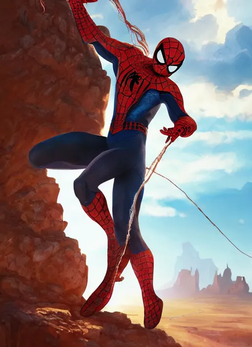 Image similar to Aloy, SPIDERMAN standing confidently, desert in the background, natural lighting, digital painting, concept art, smooth, sharp focus, illustration, single character full body, rule of thirds, from Horizon: Zero Down, by Ruan Jia and Mandy Jurgens and Greg Rutkowski and Artgerm and William-Adolphe Bouguerea