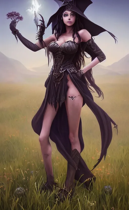 Image similar to medium shot of dark elf witch in field, sunny, highly detailed, d & d, fantasy, highly detailed, digital painting, trending on artstation, concept art, sharp focus, illustration, global illumination, ray tracing, realistic shaded, art by artgerm and greg rutkowski and fuji choko and viktoria gavrilenko and hoang lap