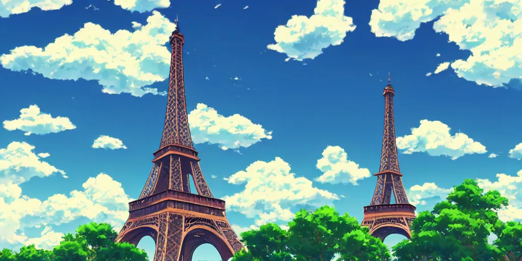 Image similar to a view on eiffel tower with amazing clouds and blue sky, in the style of makoto shinkai anime and studio ghibli anime, colorful, romantic, 4 k resolution,