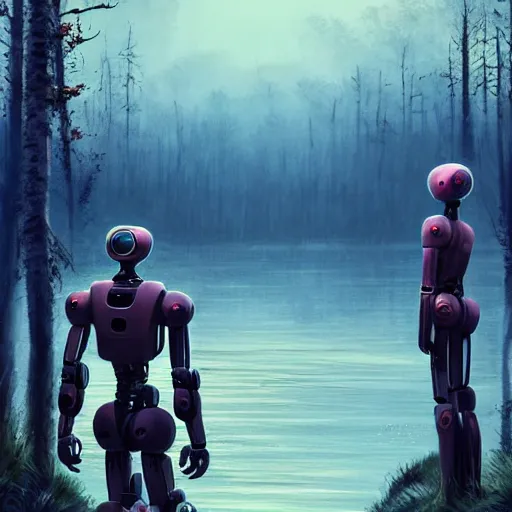Image similar to Beautiful cinematic scene of a couple of two damaged and broken humanoid robots standing near a river, at night, peaceful, science fiction, award-winning, cinematic lighting, insanely detailed, very realistic, Artstation, Cgsociety, by Simon Stalenhag, directed by Denis Villeneuve, filmic