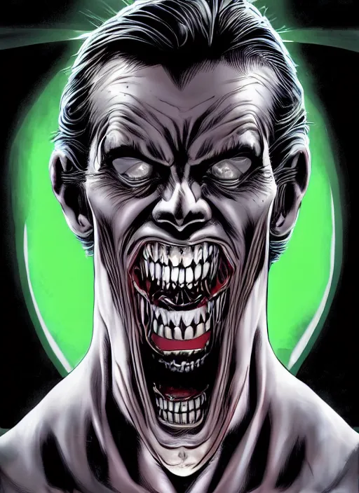 Image similar to aesthetic digital illustration of a handsome grinning young man by brian bolland, rachel birkett, alex ross, and neal adams | dark, scary, character concept, concept art, unreal engine, finalrender, centered, deviantart, artgerm