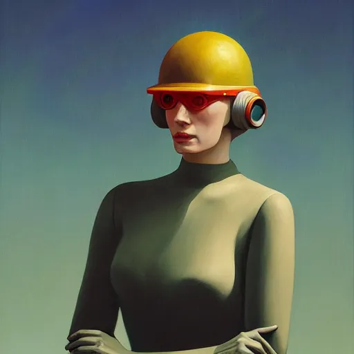 Image similar to Portrait of woman engineer with helmet, very coherent, painted by Edward Hopper, Wayne Barlowe, painted by James Gilleard, airbrush, art by JamesJean