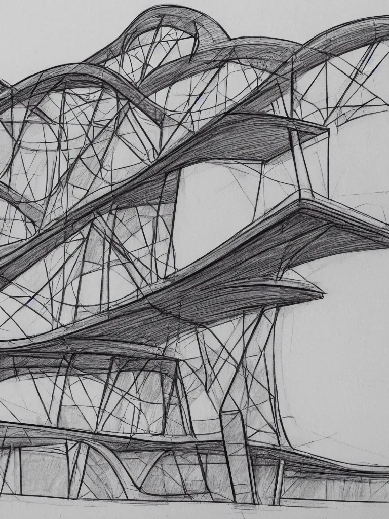 Image similar to an architectual sketch of a modern bridge in the style of FRANK GEHRY