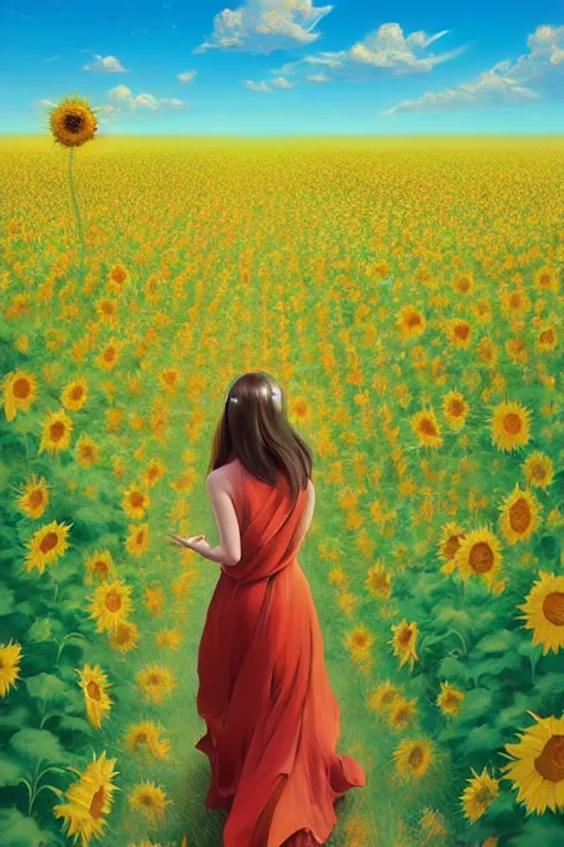 Image similar to a girl in really long dress slowly walking through amazing tall sunflower field, hair flowing, fanart, by concept artist gervasio canda, behance hd by jesper ejsing, by rhads kuvshinov, rossdraws global illumination radiating a glowing aura global illumination ray tracing hdr render in unreal engine 5, tri - x pan stock, by richard avedon