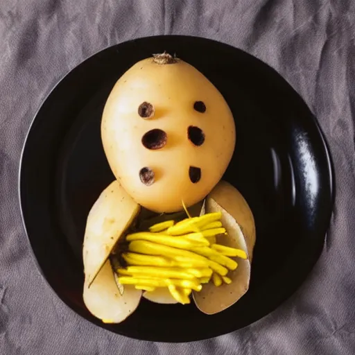 Image similar to a potato dressed as a ninja. the potato is wearing a ninja costume