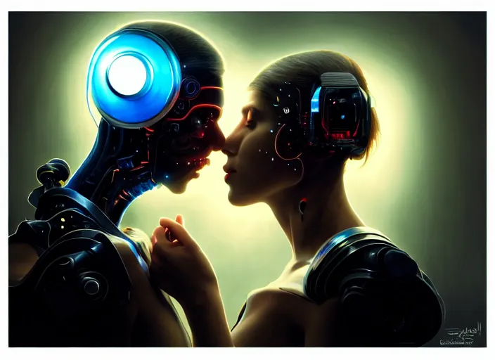 Image similar to ultra realistic medium shot of a couple of cyborgs kissing, lovers, cyberpunk, sci - fi, kodak, faces, colour led, soft light, volumetric lighting, fog, rays, night, intricate detailed, digital painting, concept art, smooth, sharp focus, illustration, art by artgerm and greg rutkowski and alphonse mucha