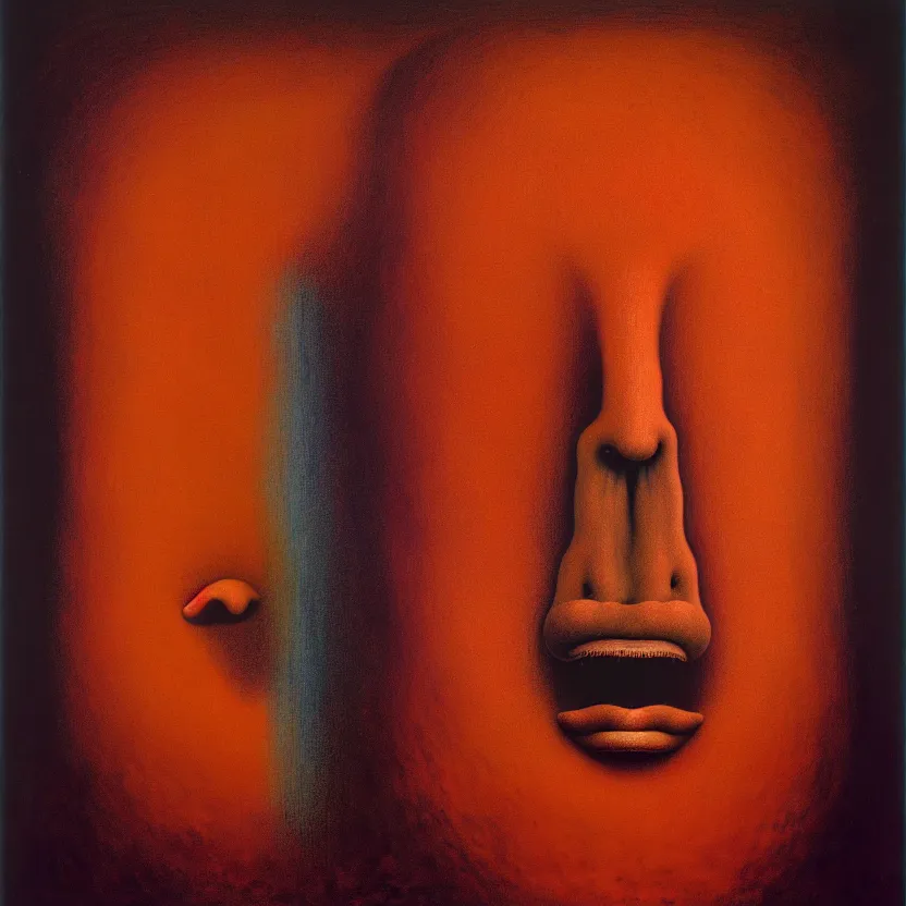 Image similar to a face coming out of a face coming out of a face, recursion, surreal, by salvador dali and zdzisław beksinski, oil on canvas, weird, dreams, fantasy, soft lighting, warm colors